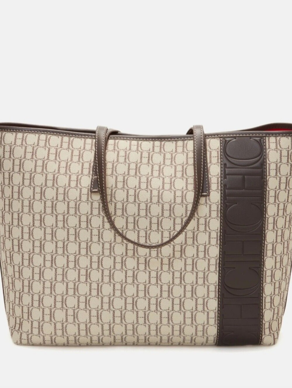 NWT Carolina Herrera Shopping Bsg  Beige Canvas Tote with Brown Trim